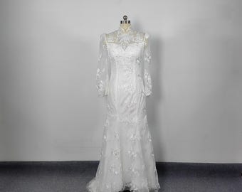 White Lace Mermaid Wedding Dress, High Neck Long Sleeve Bridal Gown, Evening Prom Dress