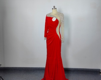Red Mermaid Evening Dress, Long Sleeve Crystal Satin Prom Gown, Formal Party Bridesmaid Dress