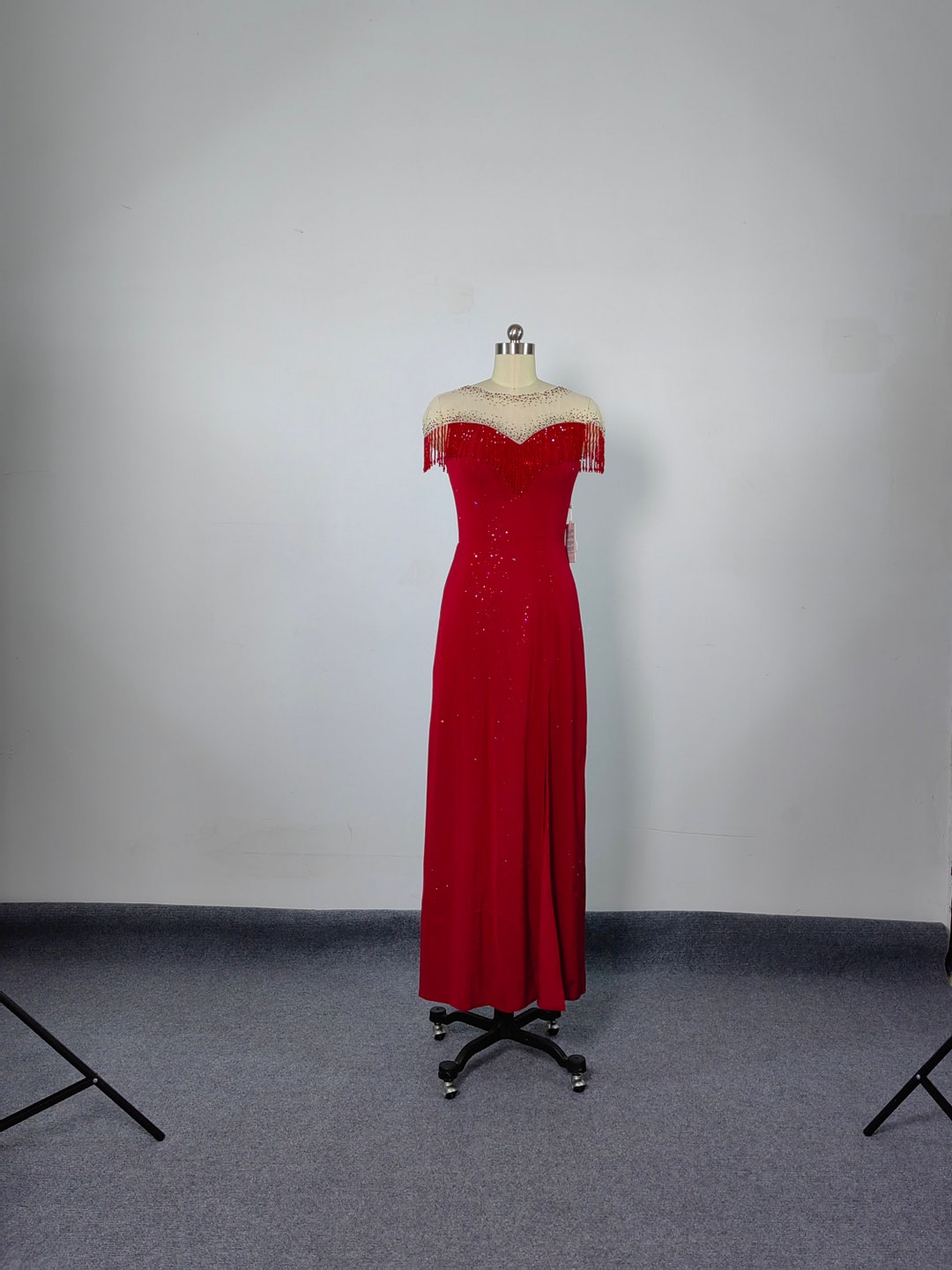 Red Long Evening Dress Elegant, Beads Neck Formal Prom Dresses Long ...