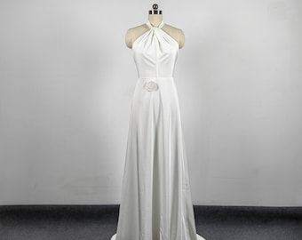 White Halter A-Line Evening Dress, Open Back Prom Gown, Long Party Formal Bridesmaid Dress