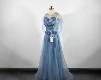 Blue Tulle Long Evening Dress, Beaded Formal Gown, Prom A Line Formal Party Bridesmaid Dresses