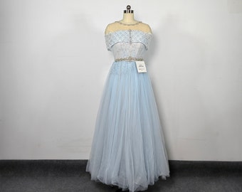 Sky Blue Tulle Evening Dress, Beaded Crystal A-Line Prom Gown, Long Formal Party  Dress