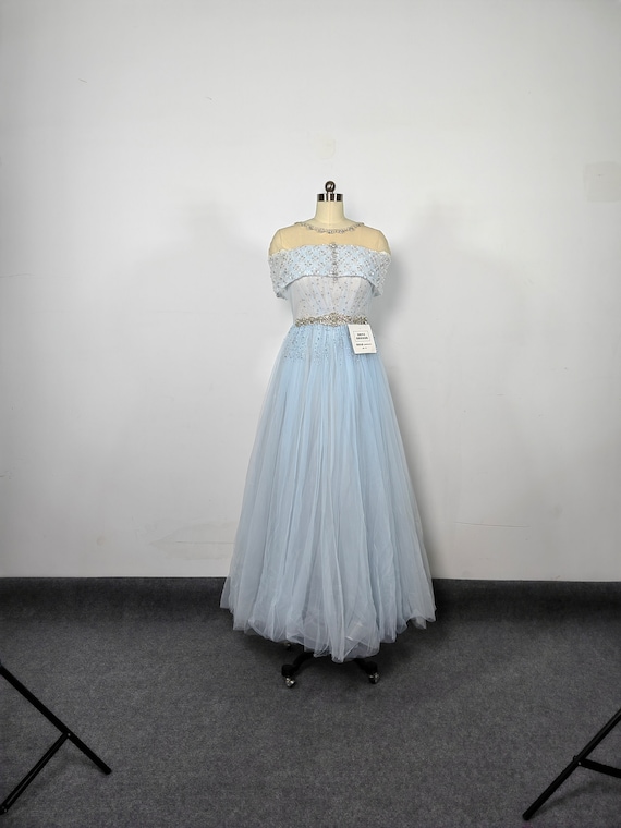 Sky Blue Tulle Evening Dress, Beaded Crystal A-line Prom Gown, Long Formal  Party Dress