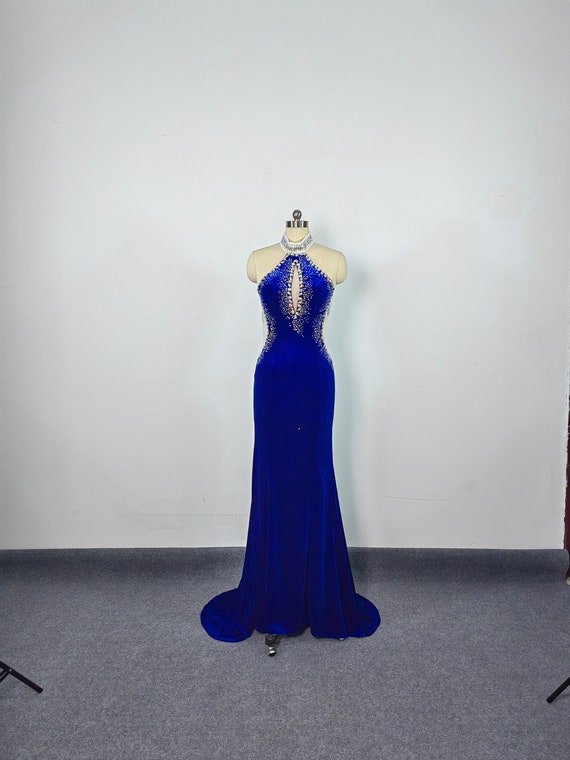 Royal Blue Velvet Mermaid Dress, Halter Crystals Open Back Gown, Long  Evening Prom Dress - Etsy
