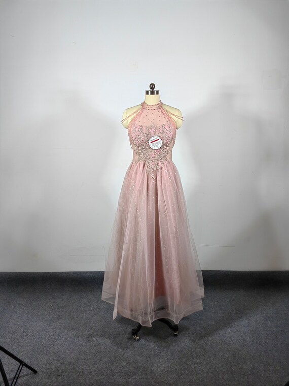 Pink Tulle Halter Prom Dress, Beaded Lace Appliques, A-line Long Evening  Formal Party Dress - Etsy