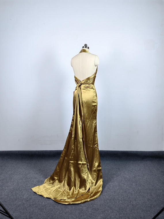 slim fit dress slacks Champagne Halter Evening Gown 2026 Sparkly Glitter Formal Maxi Dress with Deep V Neck High Slit Flowing Train for Prom, Champagne main image 1