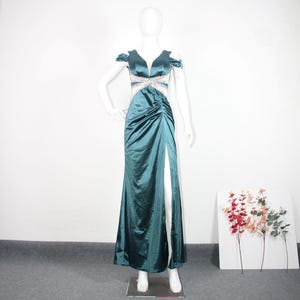 Dark Green Sexy Mermaid Evening Dresses Long, V Neck Short Sleeves Prom Dresses Elegant, Satin High Split Formal Party Bridesmaid Dresses
