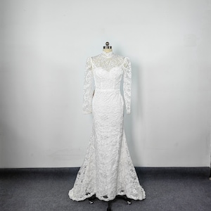 White Simple Long Sleeves Lace Wedding Dress High Neck Mermaid Lace Evening Dress Long Prom Dress Formal Party Bridesmaid Dress Gown