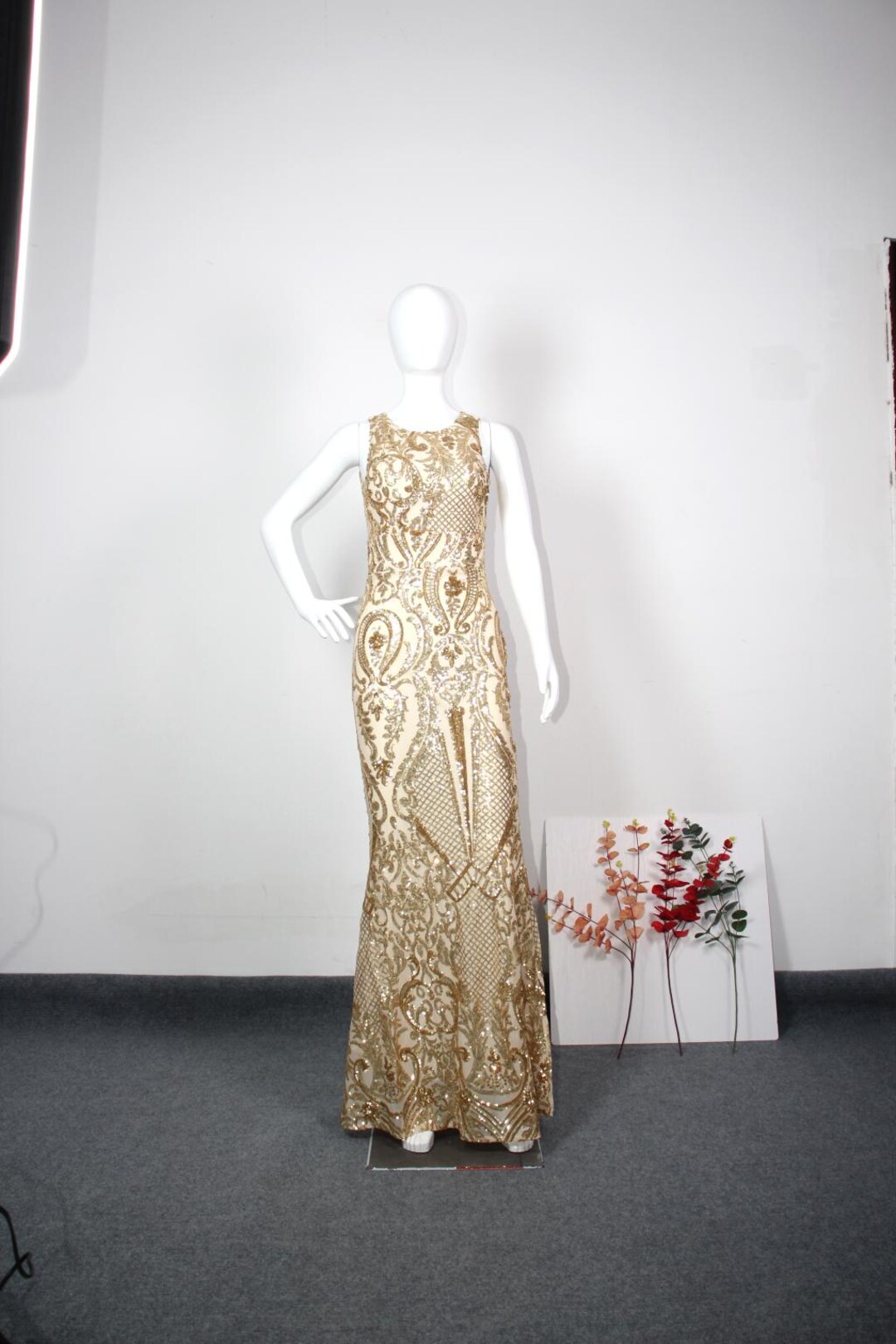 Gold Sequin Mermaid Evening Dress, Open Back Prom Gown Long, Formal ...