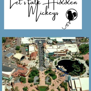 Puede incluir: Una vista aérea de un parque con una gran forma de Mickey Mouse formada por el paisajismo. El parque está rodeado de edificios y un estanque. El texto "Let's talk Hidden Mickeys" está escrito en cursiva negra sobre un fondo blanco con un globo Mickey Mouse negro.