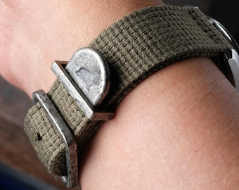 Vintage Military Watch Strap in Green – 2 Piece Polycotton Fabric Band 18mm 20mm 22mm