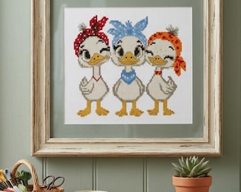 Patitos graciosos - Arte de bordado de animales kawaii, patrón de punto de cruz - Dibujo animado caprichoso (patrón en PDF)