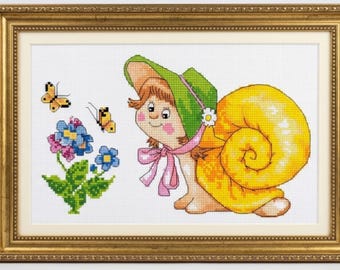 Caracol gracioso con sombrero - Arte de bordado de animales kawaii, patrón de punto de cruz - Dibujo animado caprichoso (patrón en PDF)