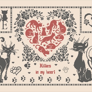 May include: A cross-stitch design featuring black cats, hearts, and floral elements on a cream background. The word "LOVE" is displayed, along with the phrase "Kitties in my heart." A heart-shaped design is filled with red cat silhouettes.