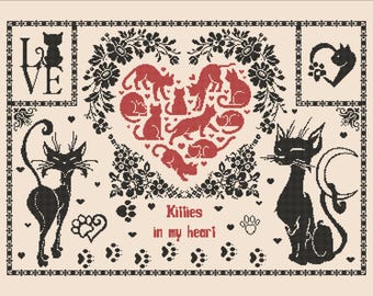 Gatitos en mi corazón, estilo blackwork. Punto de cruz. Descarga instantánea (patrón en PDF) 112