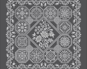 Patrón de punto de cruz, "Muestra de flores" en blanco y negro en formato PDF, descarga instantánea. 121