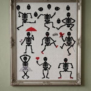 Può includere: Un'opera d'arte a punto croce incorniciata con figure di scheletri neri stravaganti in varie pose. Alcuni scheletri tengono un ombrello rosso, un cuore o dei fiori. L'opera è incorniciata in una cornice argentata ornata.