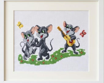 Ratones bailarines divertidos - Arte de punto de cruz de animales kawaii, patrón de punto de cruz - Dibujo animado caprichoso (patrón en PDF)