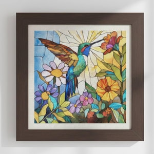 May include: A square wall art piece featuring a stained glass style illustration of a hummingbird in flight. The bird has green, blue, and orange feathers, hovering near a large orange flower. Various purple, white, and yellow flowers surround it.