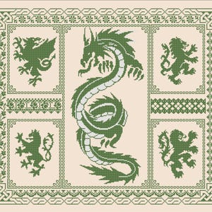 May include: A cross-stitch design featuring a central green dragon with a light green underbelly, surrounded by four heraldic lion and griffin emblems. The design is framed by intricate green borders and floral patterns on a beige background.