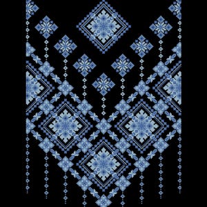 May include: A cross-stitch pattern featuring a symmetrical arrangement of geometric diamond and star shapes in various shades of blue, including light, medium, and dark tones, set against a solid black background with vertical beaded lines.