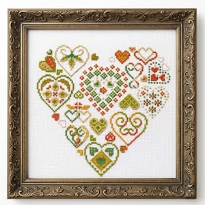 Autumn Hearts - Sampler is a cross-stitch, Cozy embroidery PDF, pattern with a floral motif in PDF format. Instant download.