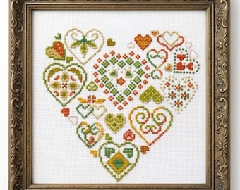 Corazones de Otoño - Muestrario es un patrón de punto de cruz, bordado acogedor en formato PDF, con un motivo floral. Descarga instantánea.