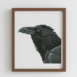 May include: A framed cross-stitch artwork featuring a detailed depiction of a raven's head in shades of black and gray. The raven is set against a white background, and the artwork is enclosed in a brown wooden frame. The piece showcases a pixelated, textured effect.