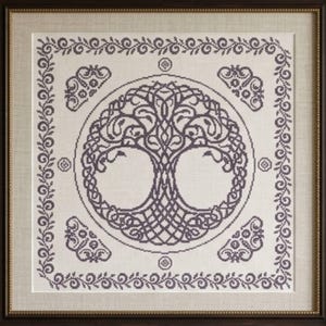 May include: Framed cross-stitch artwork featuring a detailed tree of life design in shades of gray. The tree is centered within a circle, surrounded by decorative corner elements and a border of swirling patterns. The artwork is set in a dark brown frame.
