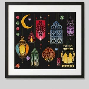 Korsstygnsmönster, mysigt broderi i PDF-format, "Marockanska lyktor": En bohemisk Ramadan-design. Inhemsk dekorstygn (Direkt PDF-nedladdning)