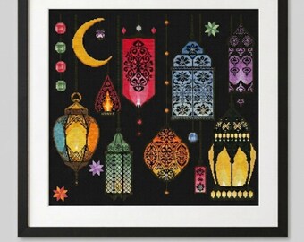 Patrón de punto de cruz, bordado acogedor en PDF, "Faroles marroquíes": un diseño bohemio para Ramadán (descarga instantánea en PDF)
