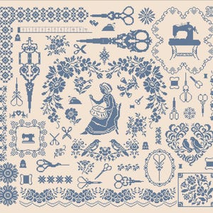 Puede incluir: Una colección de patrones e ilustraciones de punto de cruz azules sobre un fondo crema. La imagen incluye tijeras, máquinas de coser, bordes florales, pájaros y una mujer cosiendo. El diseño recuerda a los trabajos de aguja vintage.