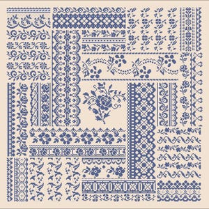 Op de afbeelding: Een patchworkontwerp met verschillende blauwe bloemen- en geometrische patronen op een crèmekleurige achtergrond. De afbeelding toont gedetailleerde randen en motieven in kruissteekstijl, ideaal voor textiel- of borduurprojecten.
