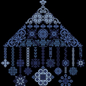 May include: A cross-stitch pattern featuring a triangular arrangement of intricate geometric and floral motifs in shades of light blue, medium blue, and dark blue against a black background, with various hanging ornaments suspended below.