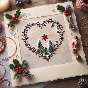 May include: A square beige fabric piece featuring a central embroidered heart shape composed of red berries and green pine branches. Inside the heart are two green pine trees and a red star. The border is decorated with holly leaves, berries, and pinecones.
