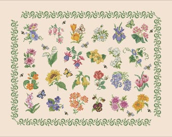 Kit de bordado floral de 24 piezas con miniflores - Patrón de punto de cruz (patrón en PDF)