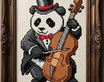 Músico panda - Arte de punto de cruz con animales kawaii, patrón de punto de cruz - Dibujo animado caprichoso (patrón en PDF)