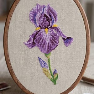 Peut inclure: Broderie au point de croix d'un iris violet dans un cercle en bois ovale. La fleur a des pétales détaillés avec des accents jaunes. Le tissu est beige neutre, et le cercle est marron. Fils à broder et ciseaux sont visibles.