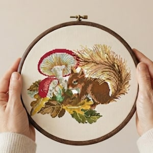 May include: A circular wooden embroidery hoop containing a cross-stitch design on off-white fabric. The pattern features a brown squirrel with a bushy tail, a red and white mushroom, and green leaves, all rendered in detailed, colorful thread stitches.