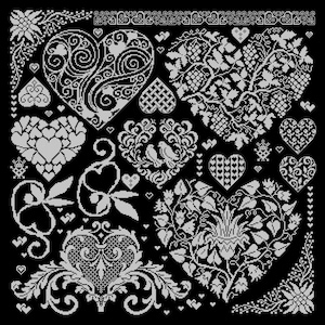 May include: Black and white cross-stitch pattern featuring various heart designs with floral and vine motifs. The image includes multiple heart shapes, some with intricate patterns and others with simple designs, creating a romantic and decorative theme.