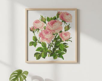 Pink Roses Bouquet Cross Stitch Pattern – Floral Embroidery (PDF Pattern, 120x135 Stitches)