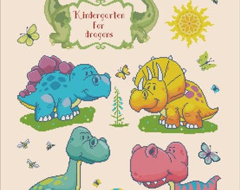 Jardín de Infancia de Dragones Kawaii - Patrón de punto de cruz en PDF. Un conjunto de mascotas de dibujos animados para la habitación de un niño. Descarga instantánea.