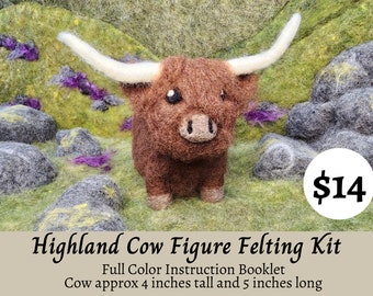 Highland Cow Figure Needle Felting Kit - Felting Kits for Felters - Scottish Highlander Cow - Video Tutorial Kits - Felting DIY Crafts
