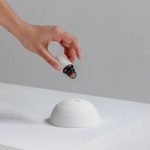 Peut inclure: Un diffuseur en céramique blanche avec une goutte d'huile essentielle tombant sur la surface. Le diffuseur est sur une surface blanche.