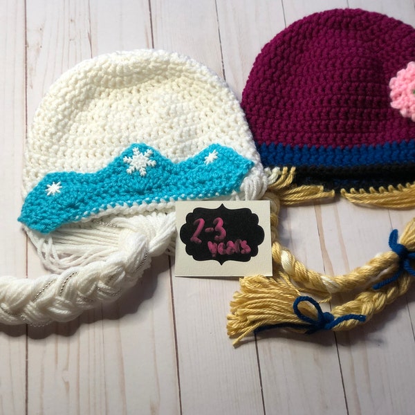 SET*Crocheted 2 Piece Anna and Elsa Inspired Frozen Hats. Fits Ages 2-3