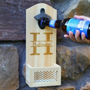 Personalized Beer Opener, Natural Wood Bottle Opener, Custom Wall Mounted Opener with Cap Catcher Collector, Gift for Him, Dad White