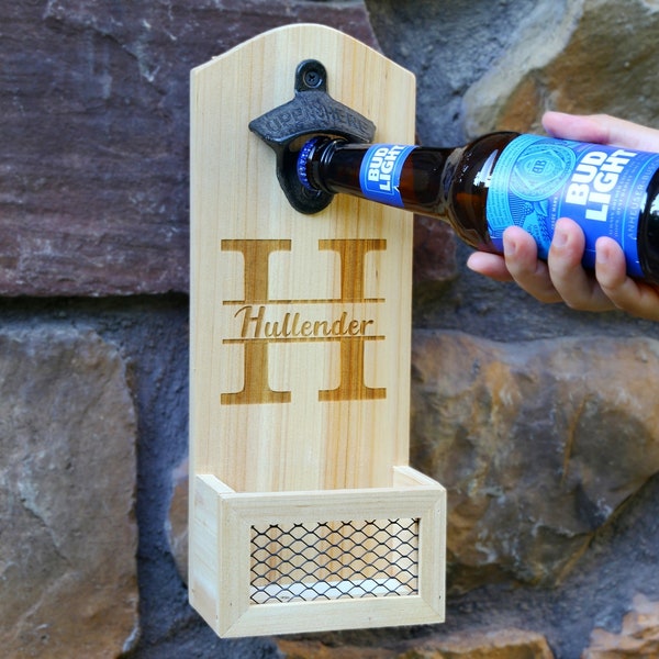 Personalisierter Bieröffner, Naturholz-Flaschenöffner, benutzerdefinierter an der Wand befestigter Öffner mit Cap Catcher-Sammler, Geschenk für ihn, Papa weiß