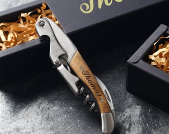 Personalized Wooden Handle Corkscrew, Custom Wine Opener, Groomsmen Gifts, Best man Wedding Gift, Men's Gift, Gift for Boss