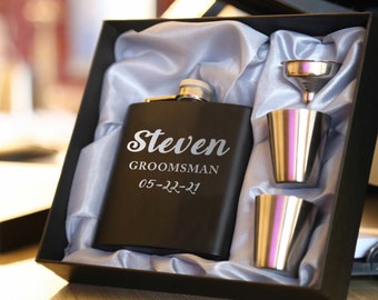 Groomsmen Geschenke, personalisierte Flachmann, kundenspezifische Schnapsflasche, schwarze Edelstahlflasche mit Schnapsglas-Option, Hochzeitsgeschenkvorschlag