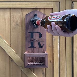 Personalized Beer Opener, Custom Wall mounted beer bottle opener with cap catch, Natural Wood, Gift for him